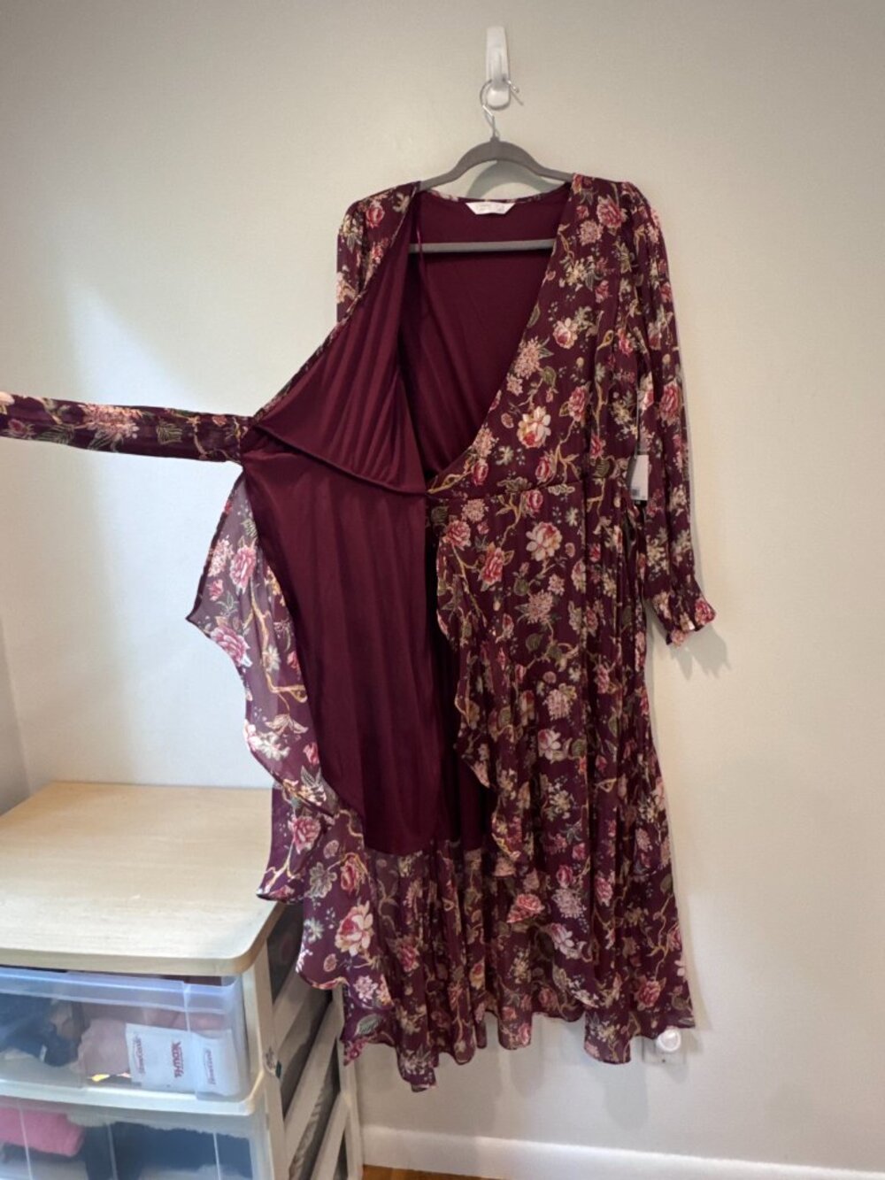NWT LC Lauren Conrad Floral High-Low Wrap Dress β Burgundy β Size L πΈπ₯ - Picture 8 of 13
